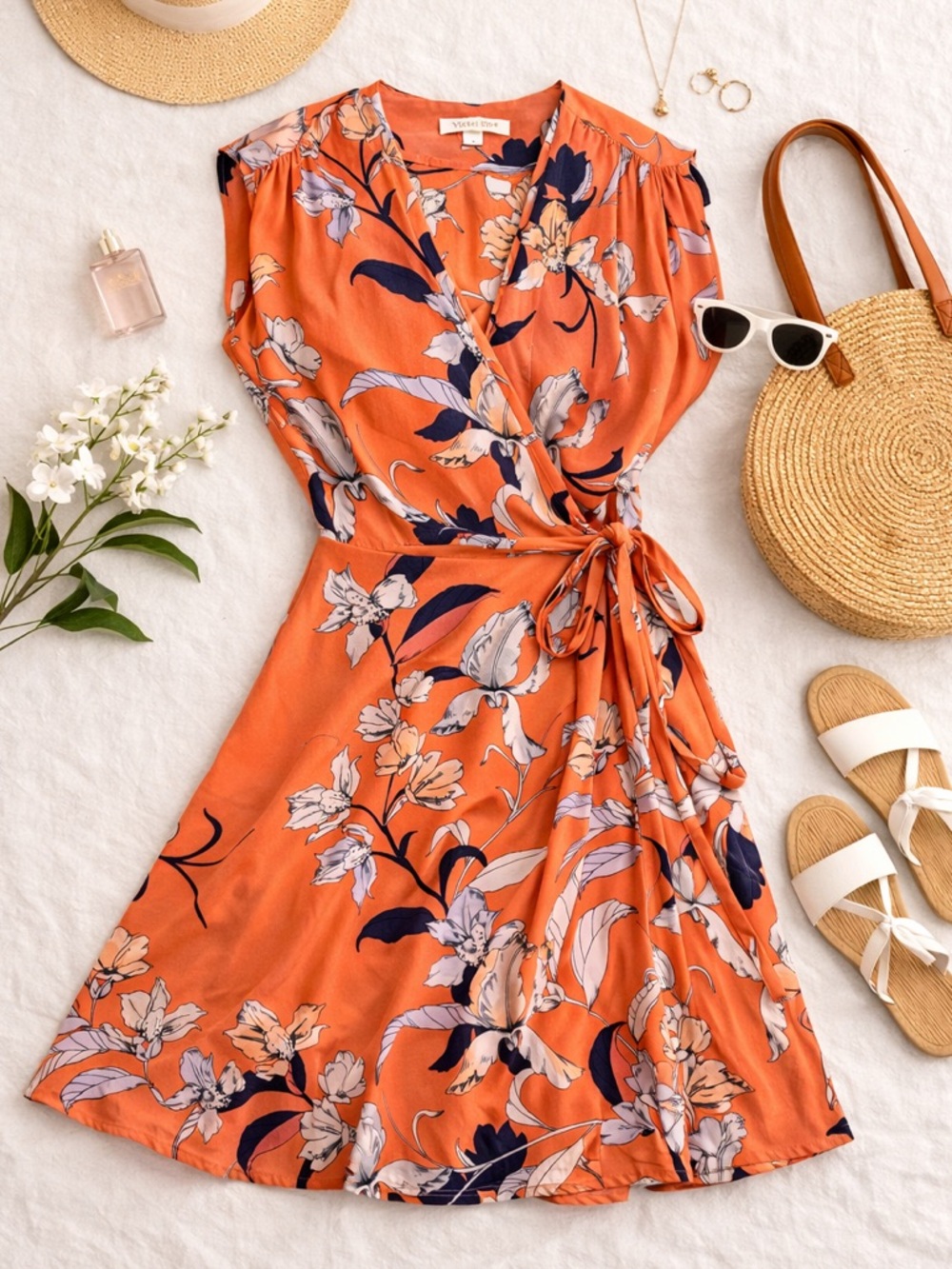 Yumi Kim Silk Wrap Dress Coral Floral | Size M | Tie Waist Mini